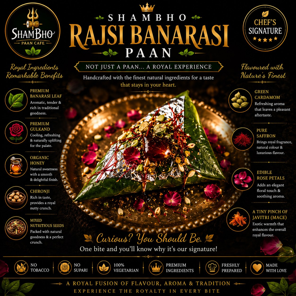 Rajsi Banarasi Paan ingredients — premium Banarasi leaf, gulkand, honey, chironji, saffron, cardamom and rose petals